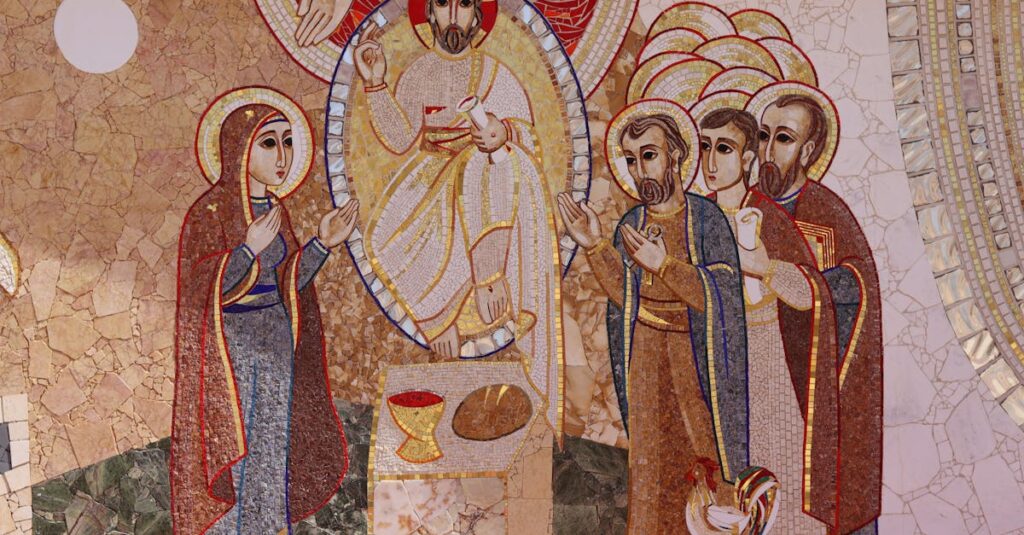 Detailed religious mosaic art depicting a biblical scene with figures adorned in traditional attire.